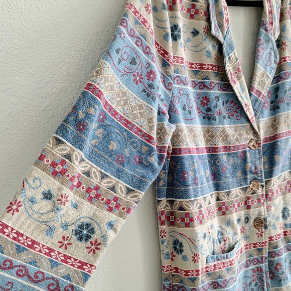 Vivaldi Large Floral Southwestern Blue Red Denim Blazer Jacket Shoulder Pad Vtg - Picture 4 of 9